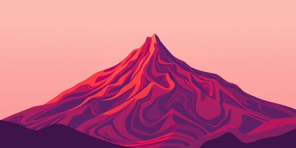 Generate a digital artwork of a stylized mountain with swirling patterns in warm tones of red and purple, using a Canon EOS R5 camera with a 50mm f/1.2 lens, aperture set to f/8, ISO 100, shot from a slightly elevated angle, in a vibrant and clean illustration style.