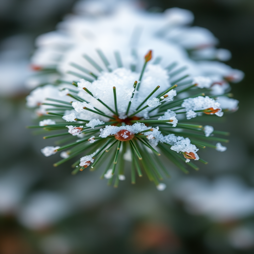 snow-covered pine branch with fine details and texture, soft natural lighting, shallow depth of field, macro lens, f/2.8, ISO 100, 1/200s, DSLR camera, focus on snowflakes and needles