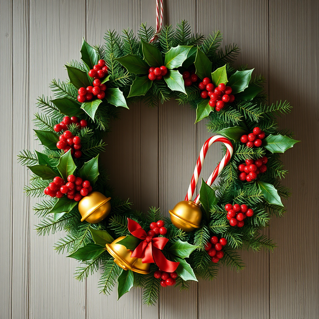 Create a vibrant holiday wreath design featuring golden bells, holly, and candy canes, captured with a Canon EOS R5 at f/2.8, ISO 100, 50mm lens, in bright natural light, ensuring a sharp focus and high contrast for enhanced image quality.