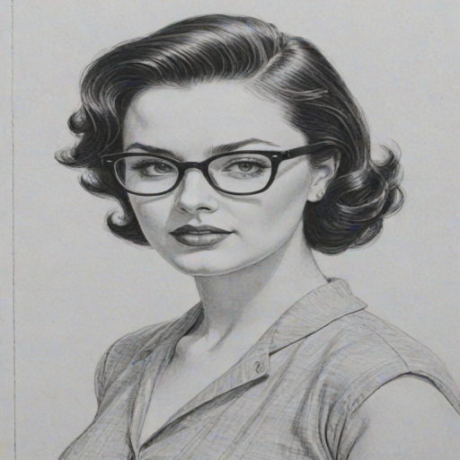 Enchanting Lauren Ash, pencil sketch, portrait of Elegant woman 1954s in glasses, hair style beatnik, outline, clear lines, fine lines, 8k