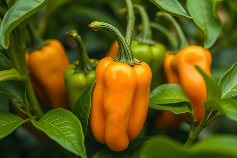 Close-up of vibrant green chili peppers surrounded by lush green leaves with a blurred background, DSLR camera, f/2.8 aperture, ISO 100, 50mm lens, natural lighting, macro photography.