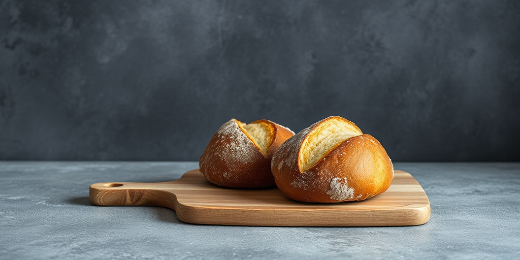 still life photography of two rustic bread rolls on a wooden board against a textured grey background, taken with a Canon EOS R5, 50mm lens, f/2.8 aperture, 1/200s shutter speed, ISO 200, natural light, soft focus, minimalistic style