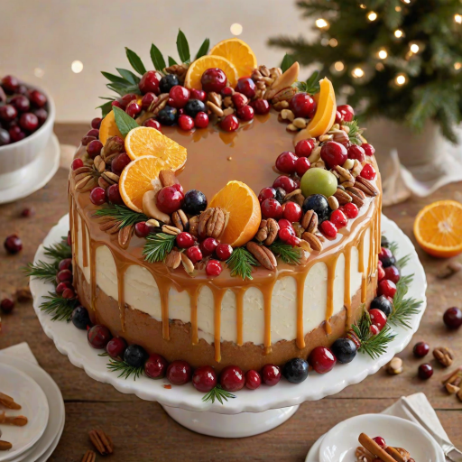 Generate an image of a festive cake decorated with caramel drizzle, fresh fruit slices, nuts, and holiday-themed greenery. The cake should have a smooth white frosting and a visually appealing arrangement of toppings that includes candied cranberries and orange zest. The setting should feel warm and inviting, capturing a celebratory atmosphere.