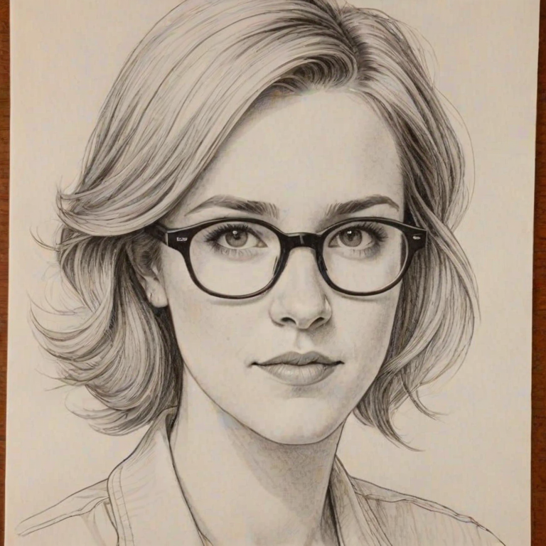 Wonderful Hannah Hart, pencil sketch, portrait of Enticing woman 1978s in glasses, hair style beatnik, outline, clear lines, fine lines, 8k