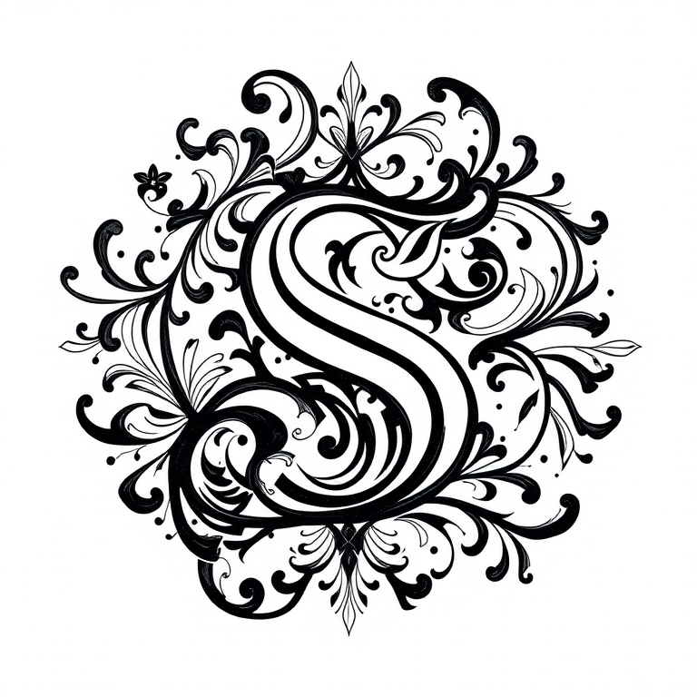 Create an intricate black and white design featuring a stylized letter S surrounded by flowing ornate patterns and abstract shapes, captured with a Canon EOS R5, 50mm lens, f/1.8 aperture, ISO 100, natural lighting.