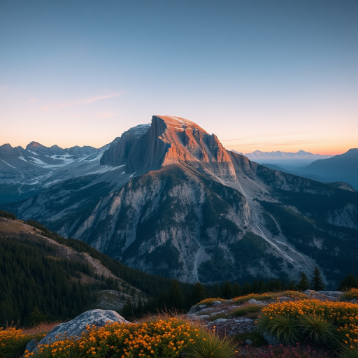 Create a highly detailed image of a serene mountain landscape at sunrise, using a Canon EOS R5 camera, 24mm focal length, aperture f/8, ISO 100, 1/125 sec shutter speed, wide-angle view, with vibrant colors and high dynamic range.