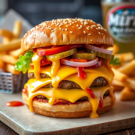 High-resolution, close-up image of a gourmet double cheeseburger. The burger features a glossy, sesame-seed-topped brioche bun. Inside, there are two thick, juicy beef patties, each topped with melted cheddar cheese. The burger is garnished with fresh lettuce, tomato slices, diced onions, and pickles. A generous amount of ketchup and a creamy, orange-colored sauce is dripping down the sides, adding to the mouth-watering appeal. In the background, there are blurred elements including a side of golden French fries and a hint of a beverage, enhancing the overall presentation of a delicious meal.