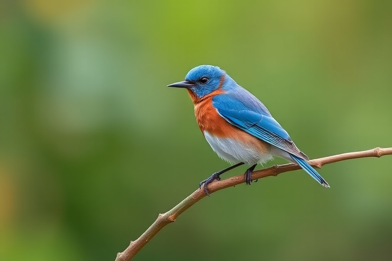 Photograph a bluebird perched on a branch with a blurred green background, using a DSLR camera in aperture priority mode, f/4 aperture, ISO 200, 1/500 shutter speed, 50mm lens, shallow depth of field for enhanced focus on the bird.
