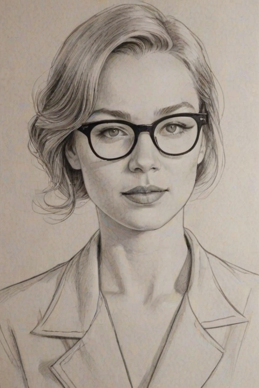 Sublime Rene' Zellweger, pencil sketch, portrait of Gorgeous woman 1924s in glasses, hair style beatnik, outline, clear lines, fine lines, 8k