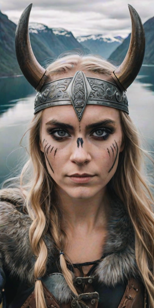 Instagram selfie of a nordic viking warrior princess with black warpaint under her eyes. There is a beautiful norwegian fjord in the background and other viking troops walking past her. She looks fierce and beautiful yet calm
