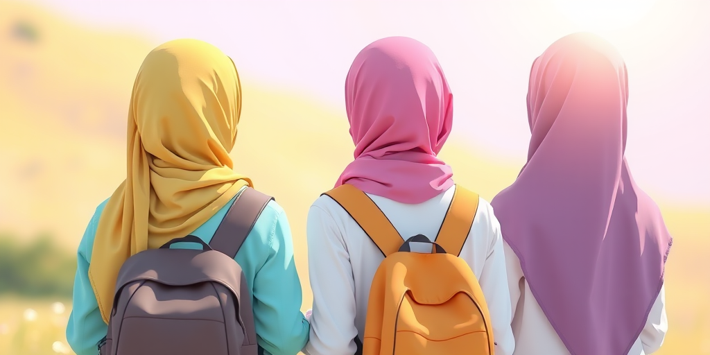 create an illustration of two girls in colorful hijabs standing side by side, with backpacks in a bright, serene landscape, using soft pastel colors, high resolution, portrait orientation, Canon EOS R5, f/2.8, ISO 100, 50mm lens, with a soft focus background and vibrant bokeh effect