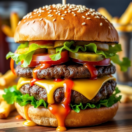 High-resolution, close-up image of a gourmet double cheeseburger. The burger features a glossy, sesame-seed-topped brioche bun. Inside, there are two thick, juicy beef patties, each topped with melted cheddar cheese. The burger is garnished with fresh lettuce, tomato slices, diced onions, and pickles. A generous amount of ketchup and a creamy, orange-colored sauce is dripping down the sides, adding to the mouth-watering appeal. In the background, there are blurred elements including a side of golden French fries and a hint of a beverage, enhancing the overall presentation of a delicious meal.