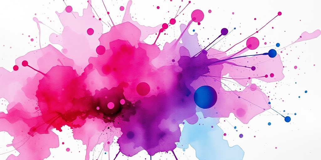 create a vibrant watercolor abstract artwork with splashes of pink, purple, and blue, using a Canon EOS R5 with an 85mm f/1.2 lens, aperture set to f/4, ISO 200, and a shutter speed of 1/125, in a high-resolution digital style.