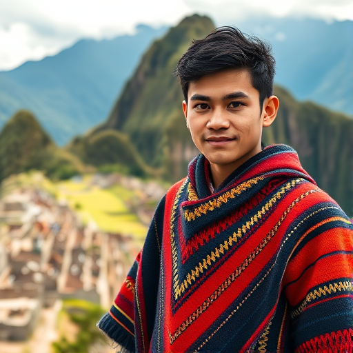 Capture a portrait of a young man wearing a traditional poncho against the stunning backdrop of Machu Picchu, using a Canon EOS R5, 50mm f/1.8 lens, ISO 100, aperture f/2.8, and a shallow depth of field for a softly blurred background, with natural soft lighting.