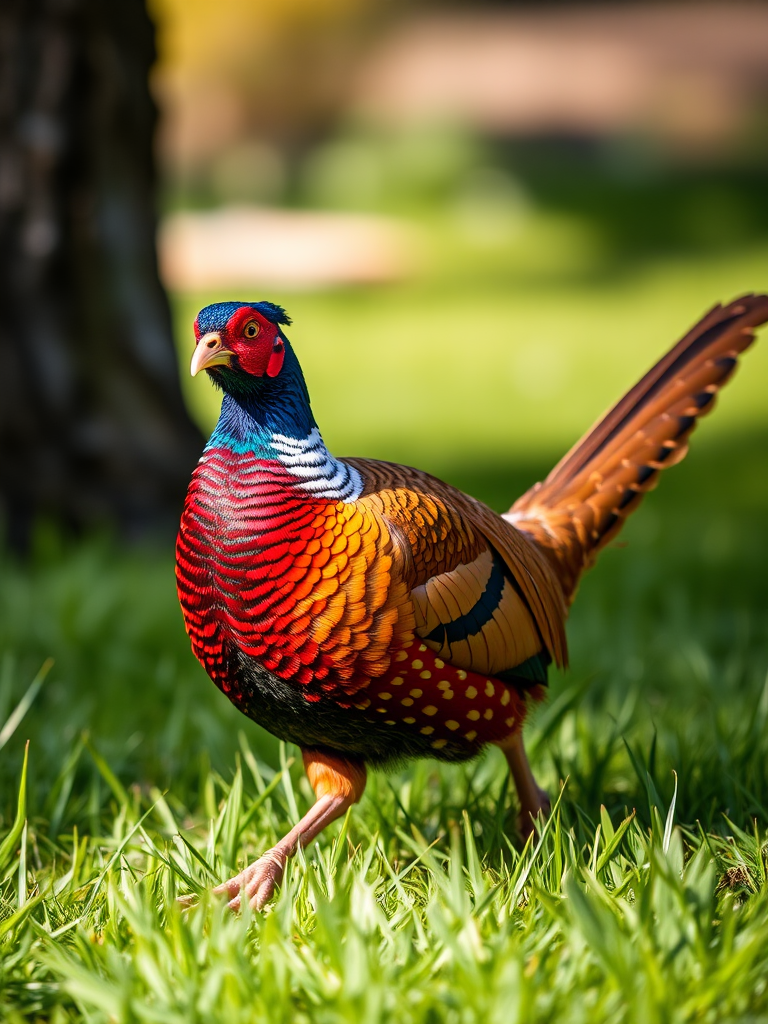 Capture a close-up shot of a colorful pheasant walking on lush green grass, using a DSLR camera with a 50mm lens at f/2.8, ISO 200, 1/500s, natural lighting and shallow depth of field for enhanced detail.