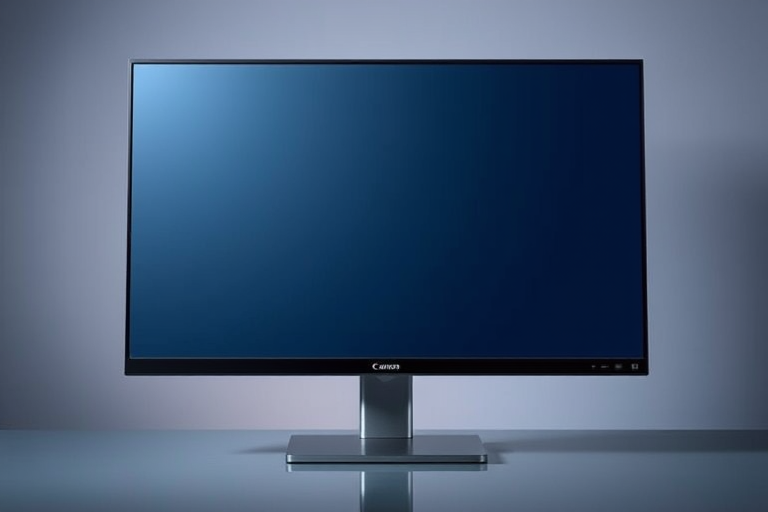 Create a high-resolution digital illustration of a modern computer monitor with a sleek design, using a Canon EOS 5D Mark IV camera, ISO 100, aperture f/8, focal length 50mm, with a frontal view and soft lighting to enhance colors and reflections.