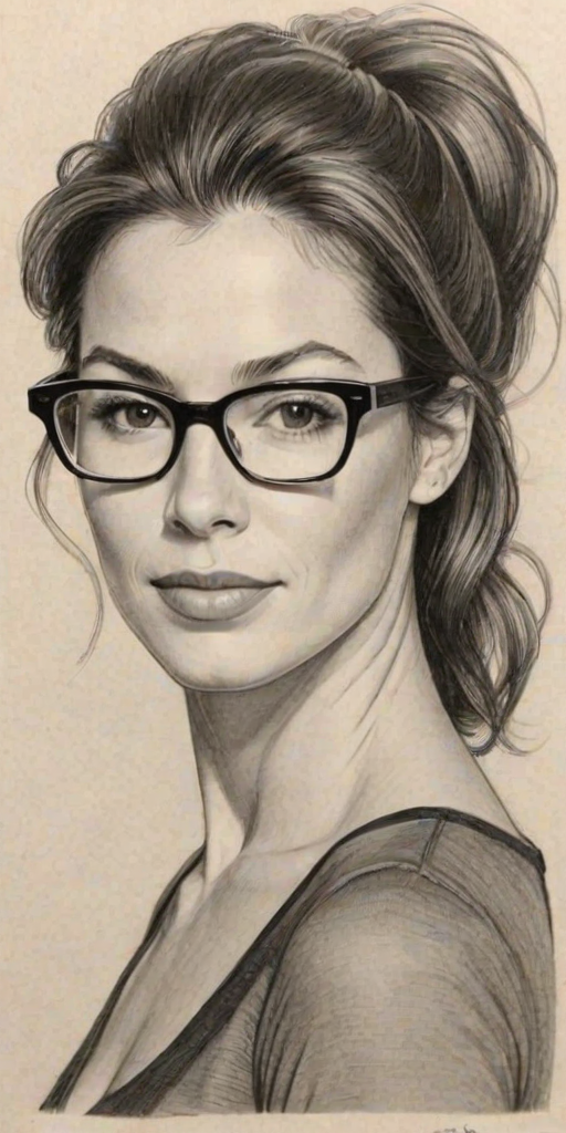 Delightful Brooke Langton, pencil sketch, portrait of Appealing woman 1961s in glasses, hair style beatnik, outline, clear lines, fine lines, 8k