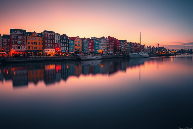 Create a high-resolution image of a serene waterfront scene at dusk with colorful buildings reflecting on calm water, shot with a Canon EOS R5 at f/8, ISO 100, 30 seconds exposure, capturing a panoramic view with a wide-angle lens at 24mm.