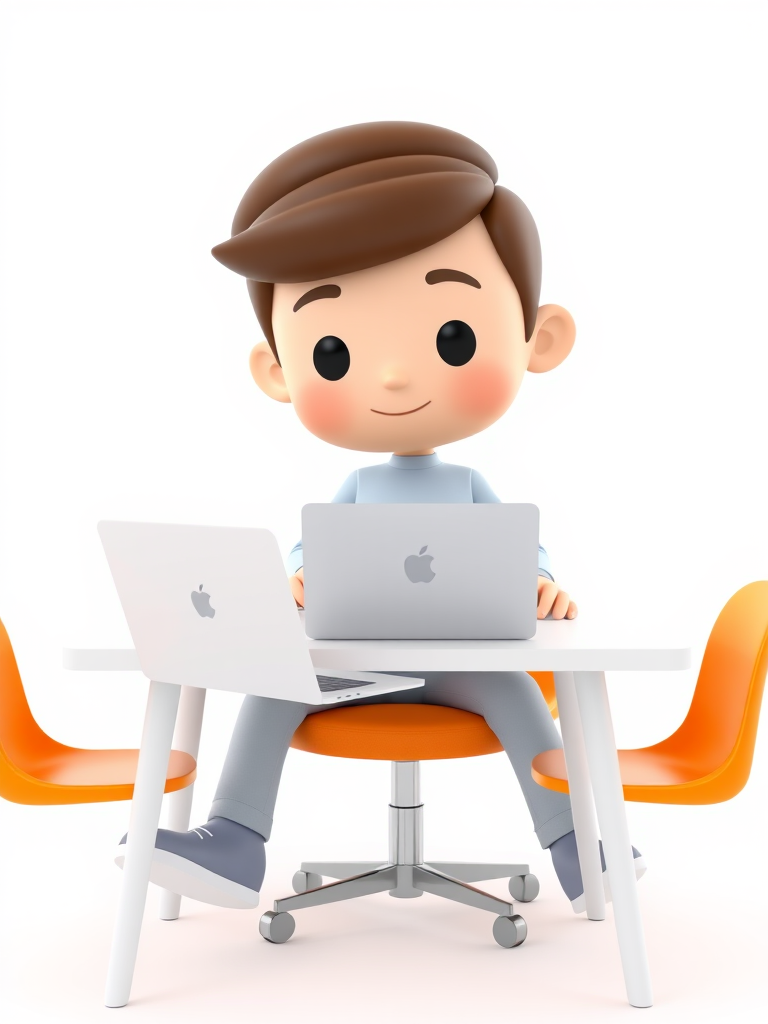 a 3D cartoon figure sitting on an orange chair at a white desk with a laptop, rendered in high resolution, camera type: DSLR, camera view: eye-level, camera settings: f/2.8 aperture, ISO 100, 1/125 shutter speed, soft lighting for a clean white background