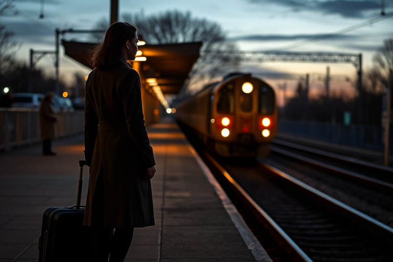 Quiet train platform at dusk, with a vintage train arriving in the distance, a woman in a long coat waits by the tracks, her suitcase by her side as she watches the train approach.