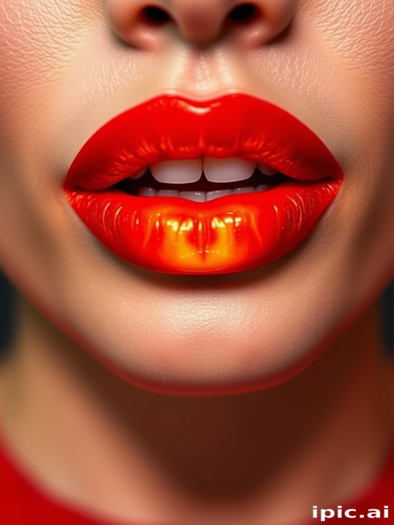 Fiery red lips with flame-inspired ombré effect in orange and yellow, titled "Phoenix Rising," create a bold and powerful appearance with a metallic finish for fierce runway shows