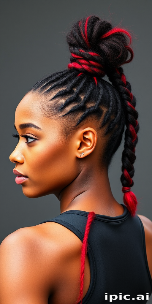 Confident athlete showcasing a high, textured ponytail with cornrow braids along the sides, accented with vibrant red streaks