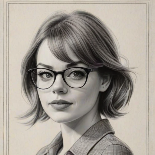 Bewitching Emma Stone, pencil sketch, portrait of Elegant woman 1951s in glasses, hair style beatnik, outline, clear lines, fine lines, 8k