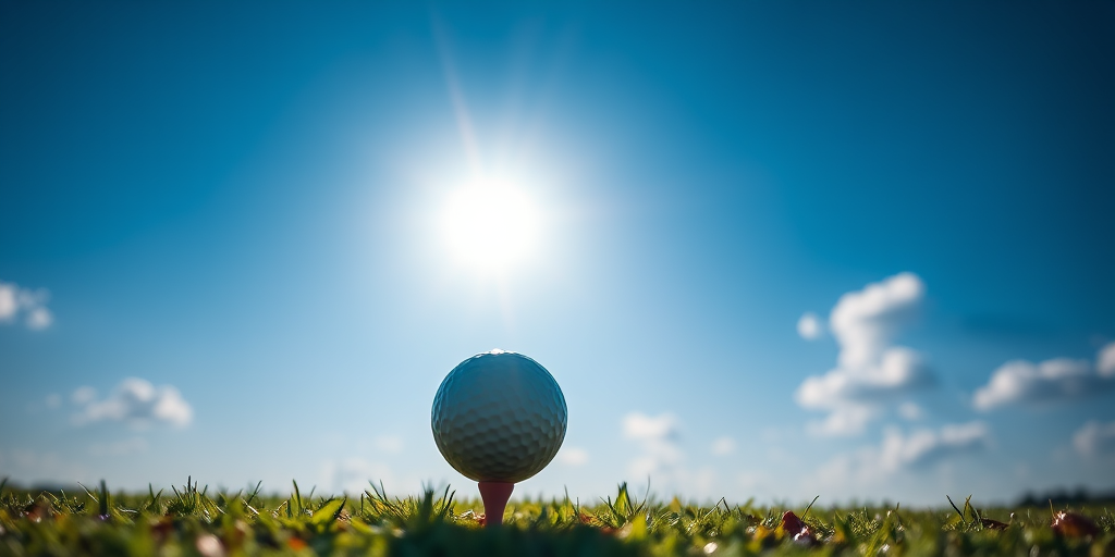 High-resolution image of a golf ball on a tee under a bright blue sky with the sun shining, using a DSLR camera with a 50mm lens, aperture set to f/2.8, ISO 100, shutter speed 1/4000s, shot from a low angle to emphasize the ball against the sun's rays and scattered clouds.