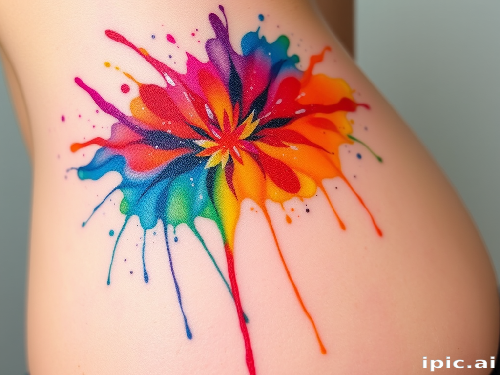 Vibrant watercolor splash tattoo named "Chromatic Cascade" featuring a burst of rainbow hues blending seamlessly into each other creating an abstract masterpiece on the skin with fluid brushstrokes and delicate splatters giving the illusion of paint dripping down the body incorporating subtle white highlights to enhance depth and dimension while maintaining a soft ethereal quality that appears to float weightlessly on the surface