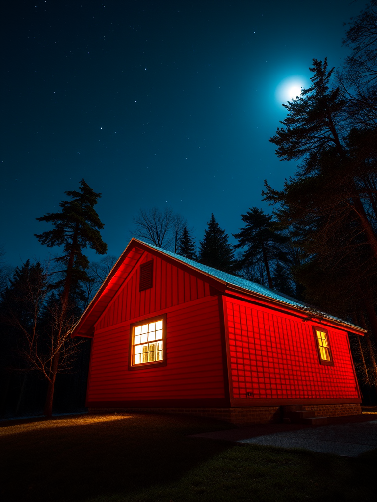 Create a nighttime scene of a red wooden house with a warm light glowing from the window, surrounded by trees under a full moon and starry sky, taken with a DSLR camera at ISO 800, f/2.8, 30 seconds exposure, capturing a wide-angle view with a soft-focus effect.
