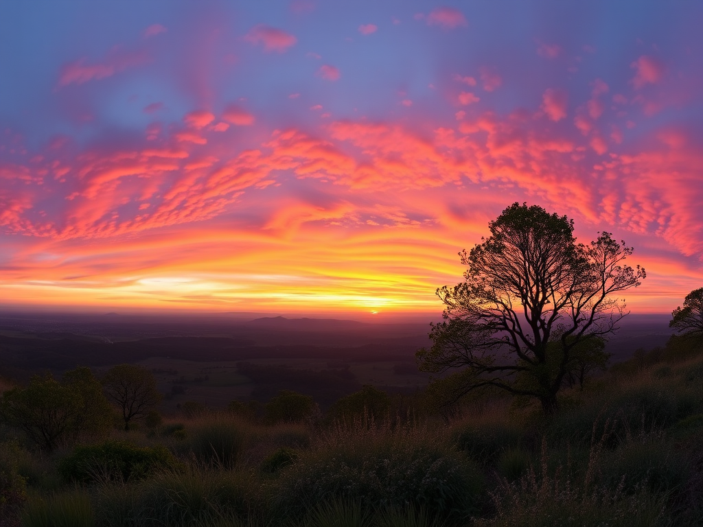 Create a high-resolution image of a serene landscape at sunset with vibrant colors in the sky, using a DSLR camera at f/8, ISO 100, 1/60 second exposure, wide-angle lens, in a panoramic view.