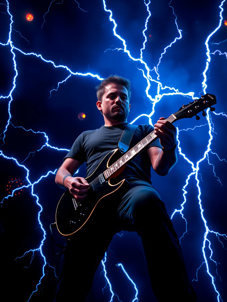 Create a high-contrast image of a rock guitarist surrounded by dynamic blue lightning effects, using a Canon EOS R5 camera, 24mm lens, f/2.8 aperture, 1/500 shutter speed, ISO 100, with a low-angle view and dramatic lighting to enhance image quality.