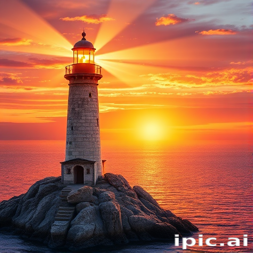 Generate an image of a tall lighthouse perched on a rocky outcrop surrounded by calm ocean waters during a breathtaking sunset. The lighthouse stands sturdy and weathered, its stone surface illuminated by the warm golden light of the setting sun. The sun's rays pass directly through the glass lantern room at the top of the lighthouse, casting a brilliant light across the scene. The sky is painted with vibrant shades of orange, pink, and purple, reflecting off the tranquil sea. The surrounding water shimmers with the same warm hues, creating a serene and majestic atmosphere.
