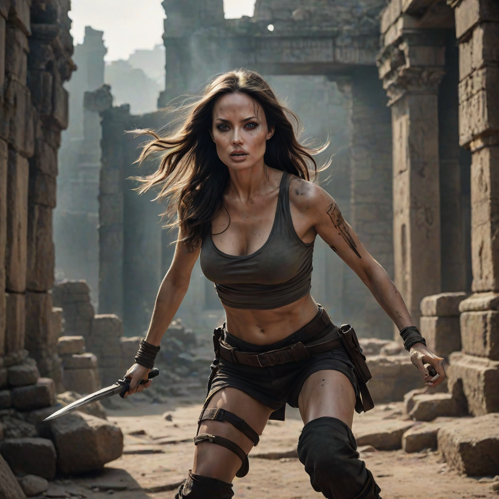 Fierce "Angelina Jolie" action pose, long dark hair in motion, determined expression, Tomb Raider inspired outfit, ancient ruins background, dramatic backlighting, smokey eye makeup, athletic physique