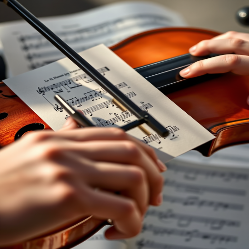Create a close-up shot of a hand playing a violin overlaid with classical sheet music, using a Canon EOS 5D Mark IV, 50mm lens, aperture f/1.8, ISO 100, shot in natural light for enhanced clarity and depth.