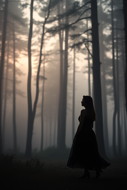 Create an image of a silhouette of a woman in a flowing dress standing in a foggy forest, with tall trees in the background, shot at dusk with a 50mm lens, aperture f/1.8, ISO 100, using a DSLR camera with a soft focus style for a dreamy effect.