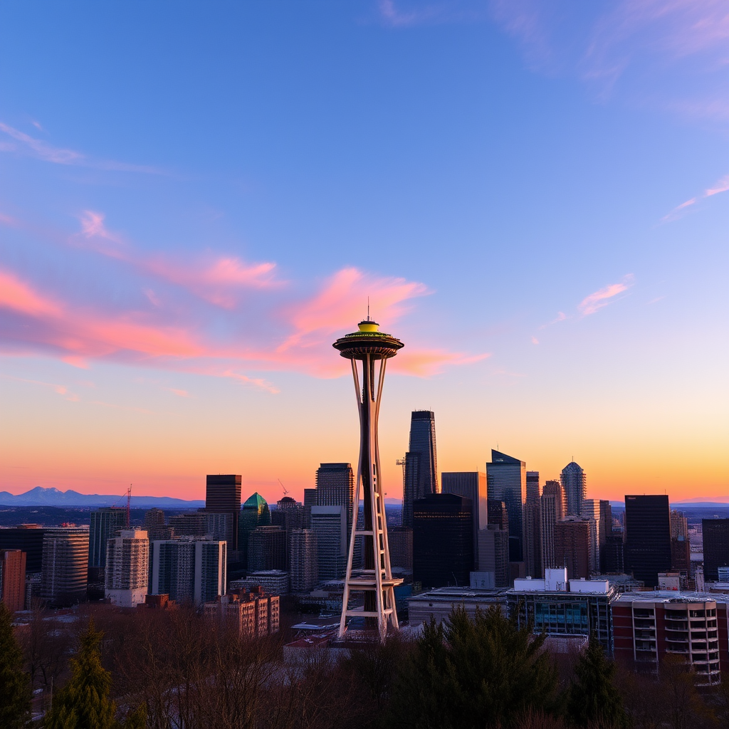high-resolution image of the Seattle skyline at sunset with the Space Needle prominently featured, wide-angle lens, aperture f/11, ISO 100, 24mm focal length, landscape orientation, HDR photography style, captured with a digital DSLR camera