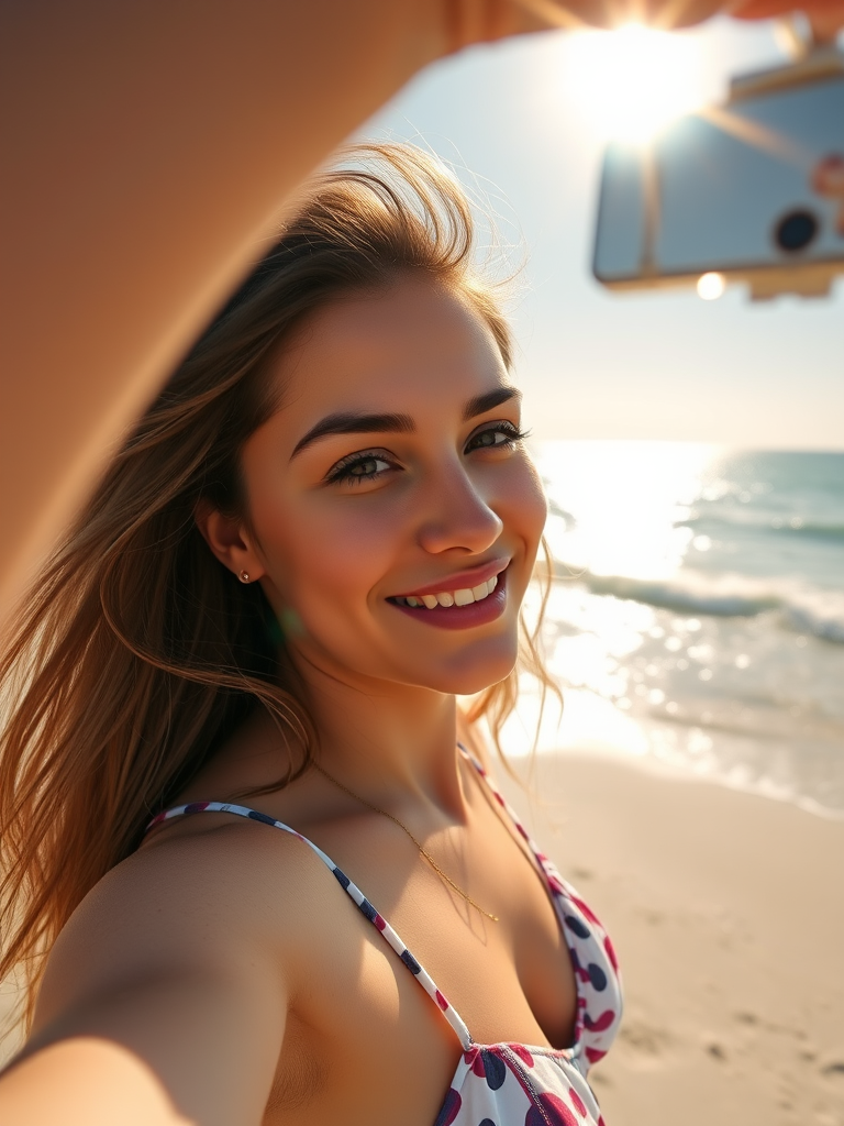 A young woman taking a selfie on a beach with a scenic ocean backdrop, bright sunlight illuminating the scene, shallow depth of field, f/2.8 aperture, 50mm lens, ISO 100, vibrant colors, DSLR camera, wide-angle view.
