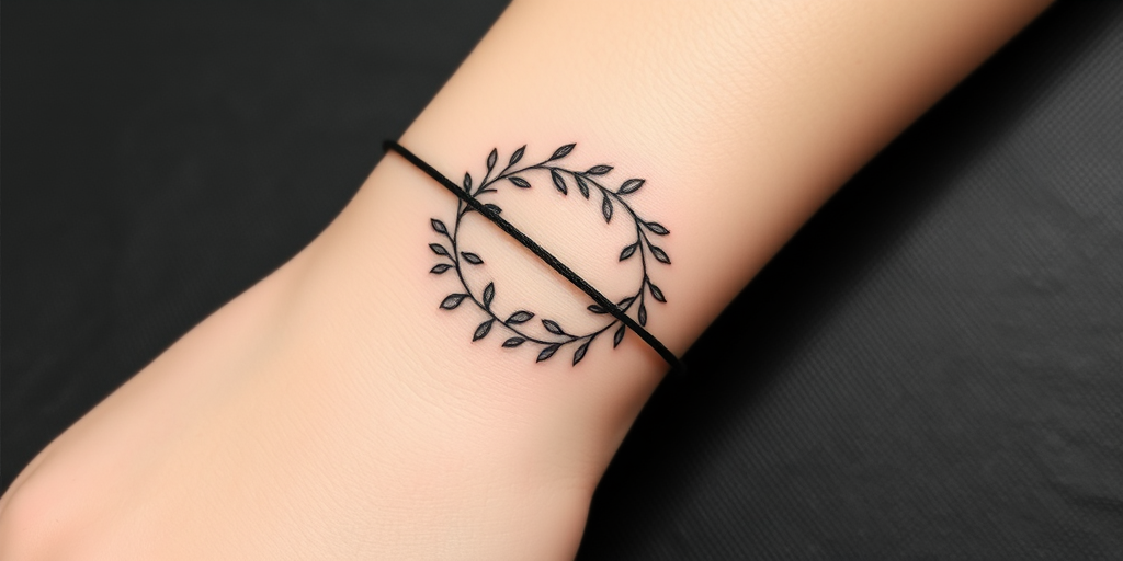 Minimalist continuous line tattoo wrapping around the wrist, forming a delicate floral wreath with a single unbroken black line