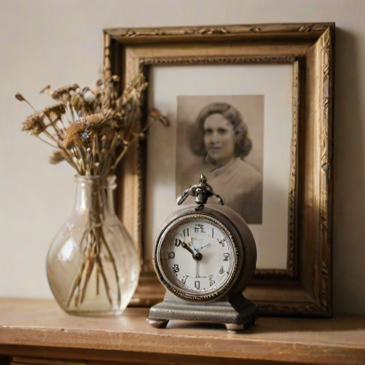 Close-up of a vintage clock on a mantlepiece, soft natural light casting delicate shadows on the face, with an old photograph frame and a vase of dried flowers softly blurred in the background.