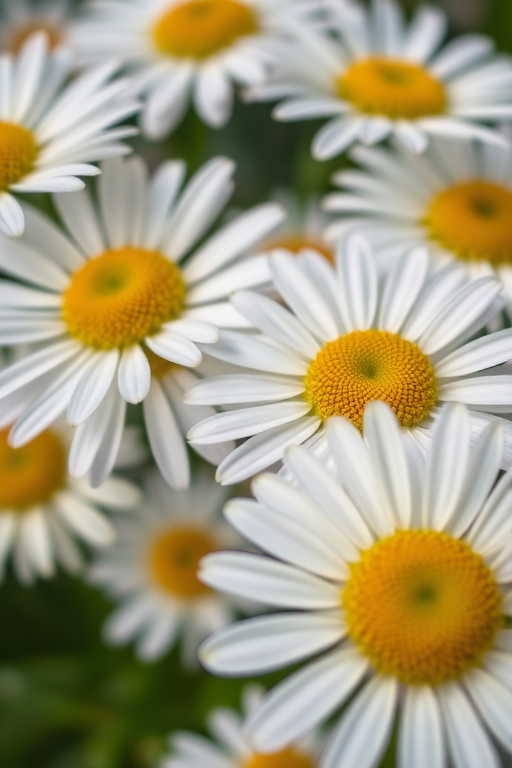 Close-up of white daisies with yellow centers in soft focus, aperture f/2.8, shutter speed 1/200 sec, ISO 100, macro lens, natural lighting, shallow depth of field, DSLR camera.