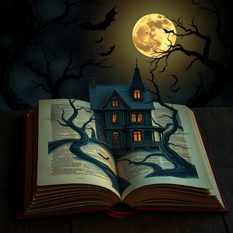 open book with a haunted house scene at night, surrounded by twisted trees, bats flying, full moon in the background, vibrant colors, intricate details, atmospheric lighting, DSLR camera, f/1.8 aperture, 35mm lens, ISO 100, 1/60 sec shutter speed, shot from above, high dynamic range, soft focus on the book edges