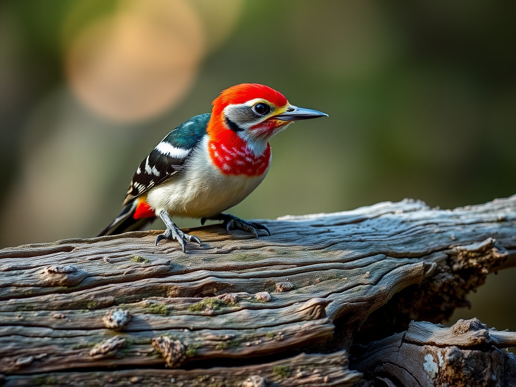 Regenerate the image of a woodpecker perched on a textured log with vivid colors, using a DSLR camera, 50mm lens, f/2.8 aperture, 1/250 shutter speed, natural lighting, and a slight offset view to enhance depth and detail.