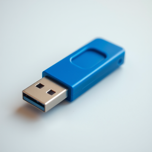 Create a high-resolution image of a blue USB flash drive with a white casing, viewed from a slightly elevated angle, sharp focus, using a DSLR camera, f/2.8 aperture, 50mm lens, ISO 100, natural lighting for enhanced details.