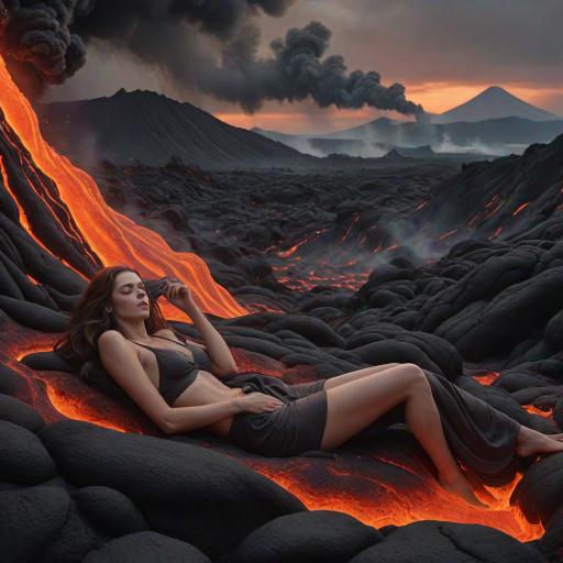 A surreal, detailed image of a woman lying comfortably in flowing lava, with gray smoke rising around her. She appears relaxed despite the molten surroundings, with a volcanic landscape and distant mountains in the background. The scene is vivid, with the bright lava contrasting against the dark, smoky atmosphere.