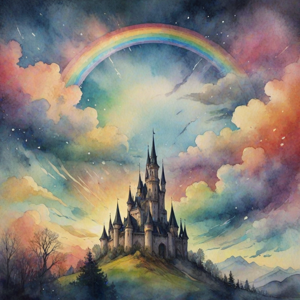 A whimsical and surreal sky with a vibrant rainbow, featuring dramatic lighting effects and a textured watercolor background, with a touch of gothic aesthetic.