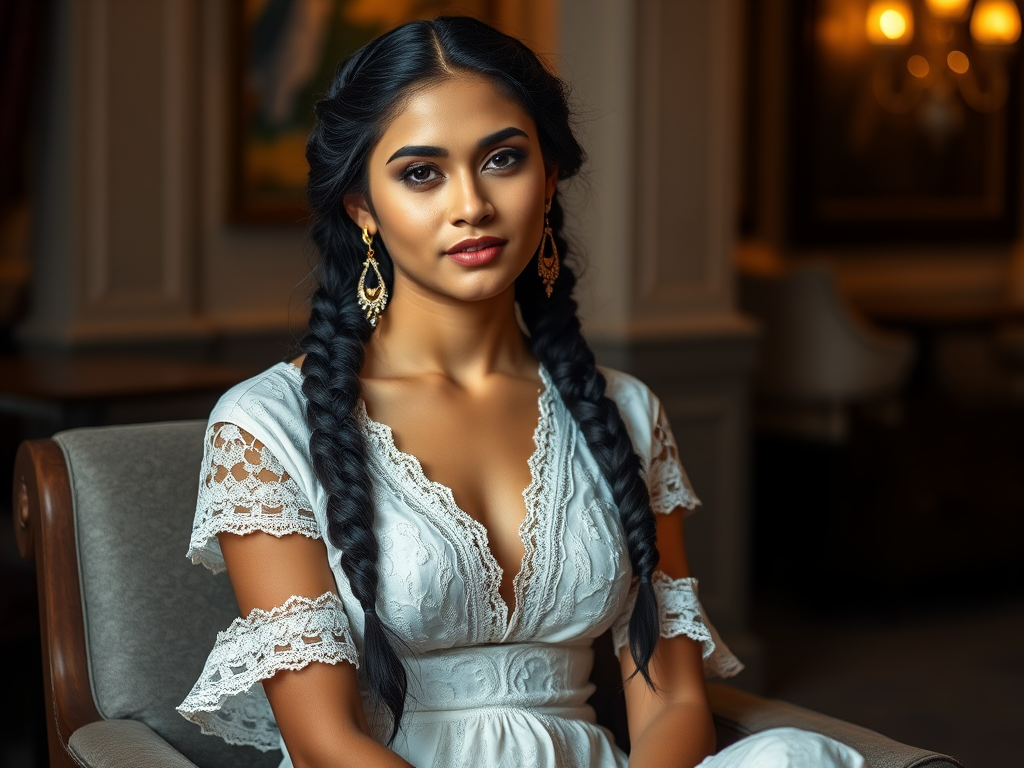 Create a portrait of a refined and elegant Nepali woman seated in a sophisticated setting. She has long, wavy hair styled in two thick braids that are pulled over her shoulders. She wears a white, lace gown with intricate patterns, featuring a deep V-neckline and short sleeves. The dress exudes a vintage charm with its delicate lacework. She is adorned with ornate, dangling earrings that add a touch of glamour to her appearance. The background is softly lit, with warm, ambient lighting that creates a cozy and inviting atmosphere. Her expression is poised and serene, capturing a sense of grace and elegance.
