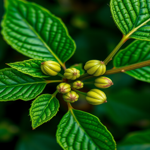 Create a high-resolution botanical illustration of a green plant branch with detailed leaves and buds, capturing vibrant greens and contrasting colors, using a macro lens setting, ISO 100, aperture f/2.8, natural lighting, and a DSLR camera, top-down camera view for enhanced texture and clarity.