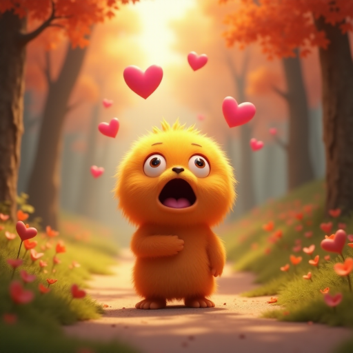 A fluffy orange creature with large eyes and a wide open mouth stands on a path in a whimsical forest, bright pink and red hearts float through the air, the creature has a surprised expression, the light is warm and soft, photorealistic, digital art, 3D style
