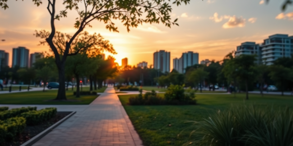 Generate a high-resolution image of an urban park scene during sunset, with vibrant colors and detailed textures, using a DSLR camera with an aperture of f/2.8, ISO 100, and a 50mm lens, shot from a low angle to enhance depth and perspective.